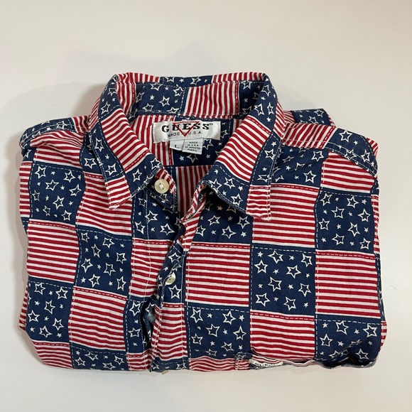 Vintage GUESS Shirt Size LG 80s 90s Stars Stripes Checkerboard Cotton Made USA - Picture 1 of 8
